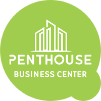 Logo de Penthouse Business Center avec des bâtiments stylisés en blanc sur fond vert. Faillite Penthouse Business Center Domiciliation d'entreprises et siège social d'entreprise