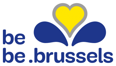 Logo de la Région de Bruxelles-Capitale avec un cœur jaune stylisé et le texte 'be be.brussels'. Domiciliation d'entreprises et siège social Bruxelles La Cambre